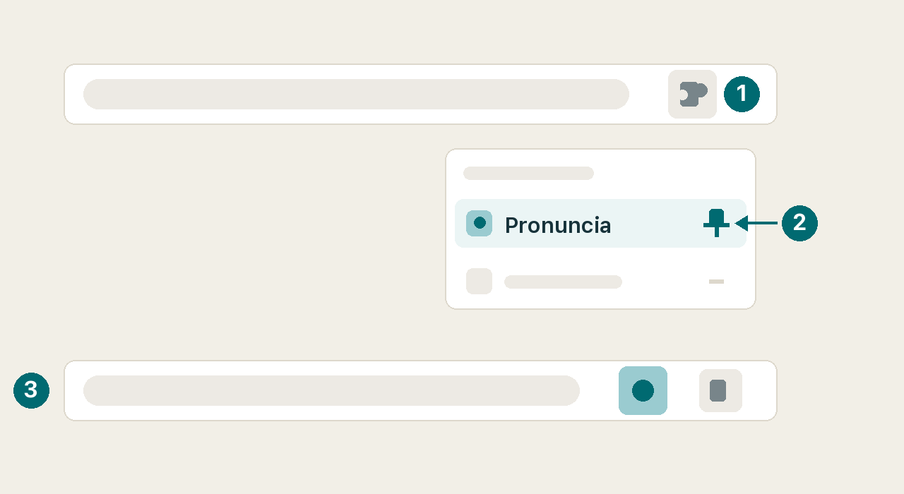 El icono de la pieza de puzle en la barra de Chrome, el menú de extensiones con Pronuncia y su chincheta, y el resultado con el icono de Pronuncia ya visible en la barra.
