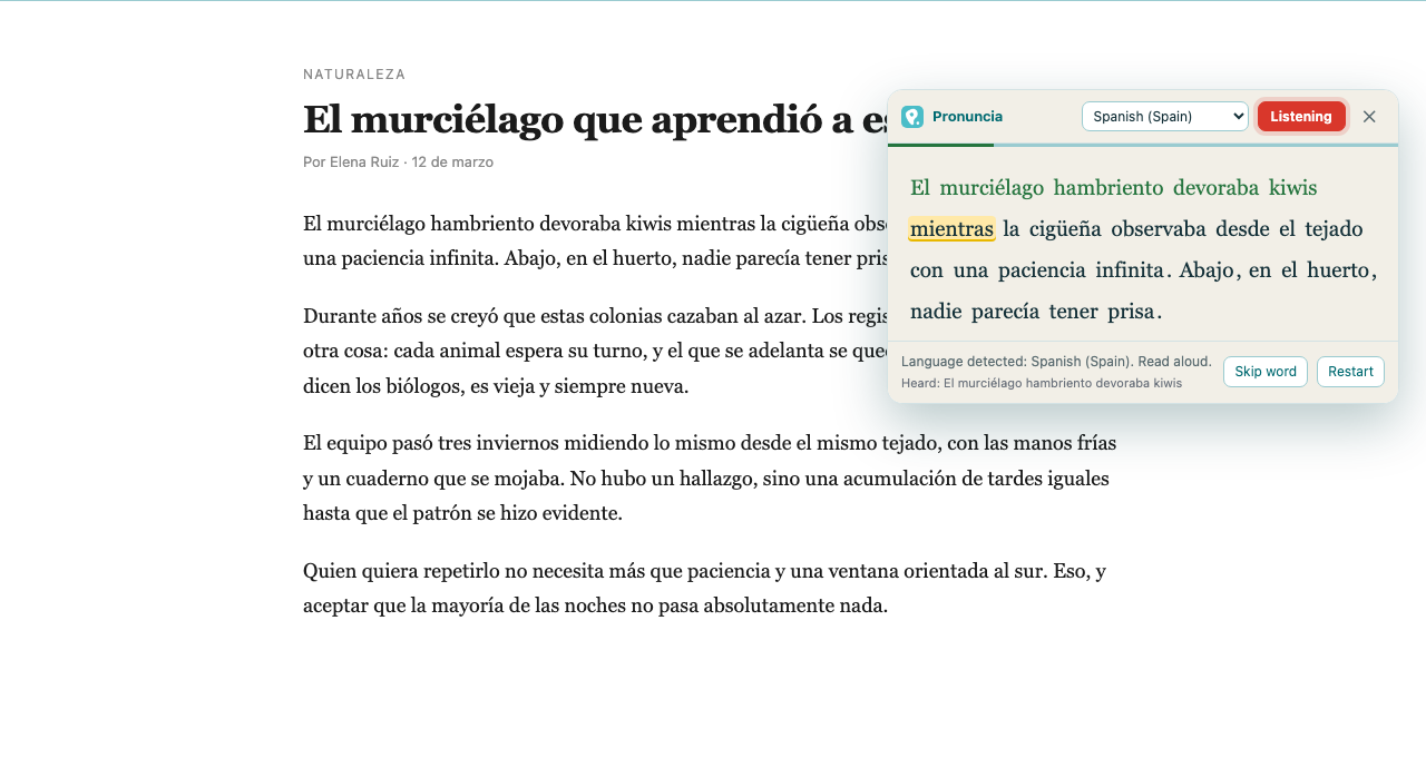 The Pronuncia panel open over a Spanish article. The words already read correctly are green and the word being waited for is highlighted in yellow.